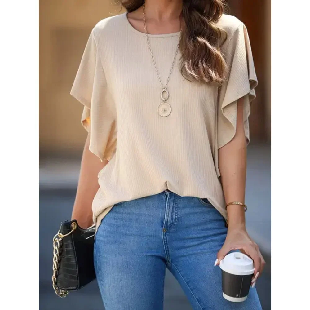 ✨ New Ribbed Flutter Sleeve Top – Beige, Size Medium ✨ - Picture 2 of 4